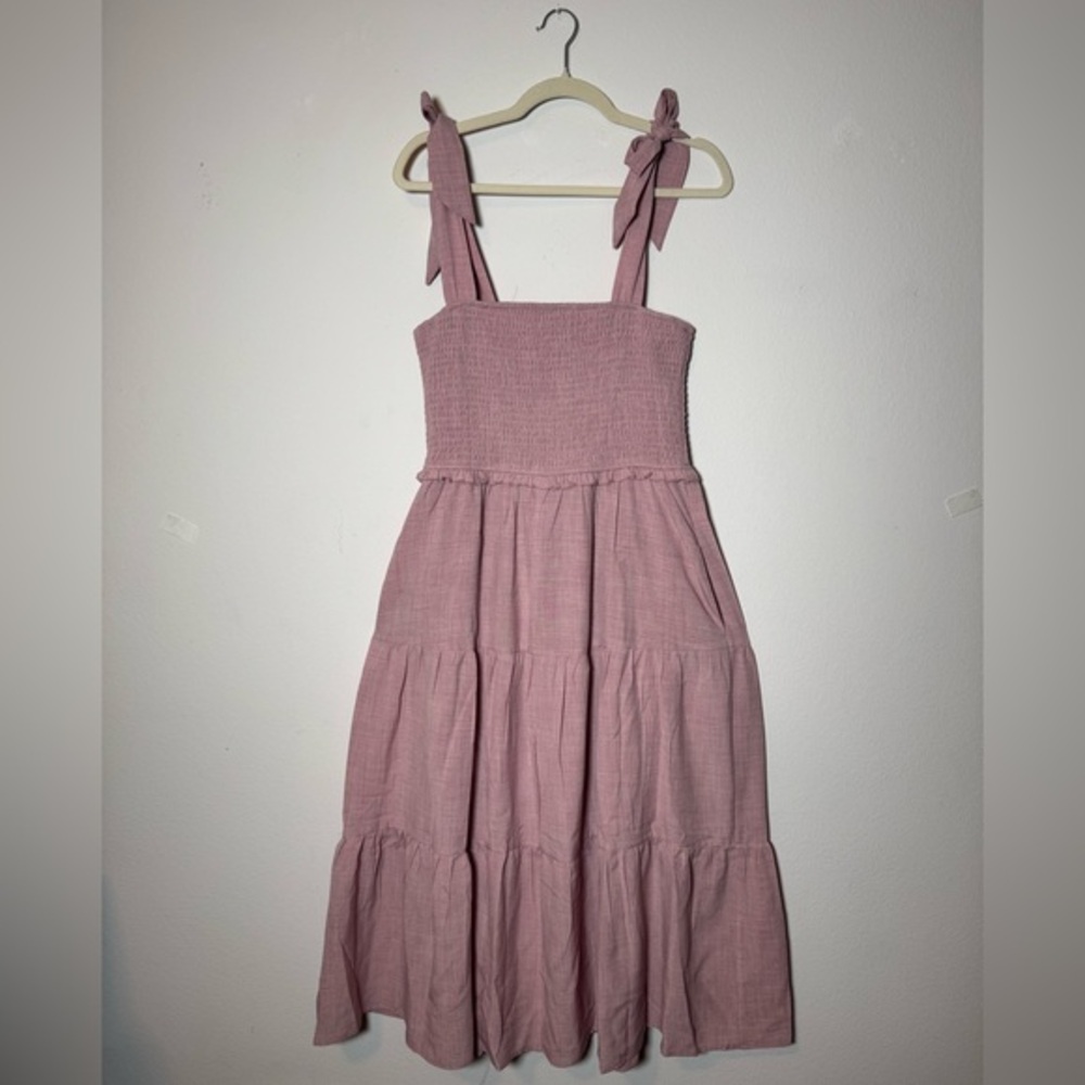 Pink Blush Mauve Pink Smocked Tie Shoulder Tiered Midi Dress Womens L‎ Maternity